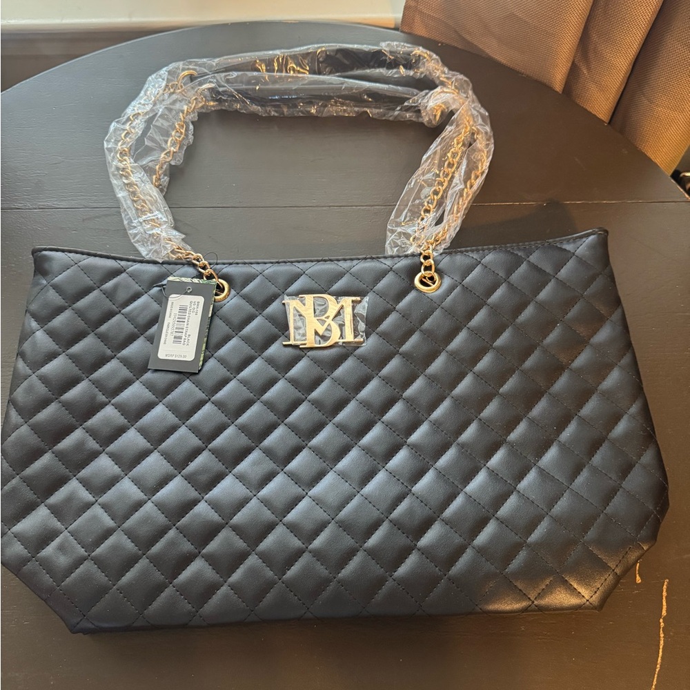 Badgley Mischka Quilted Black Shoulder Bag with Gold Chain Handle
